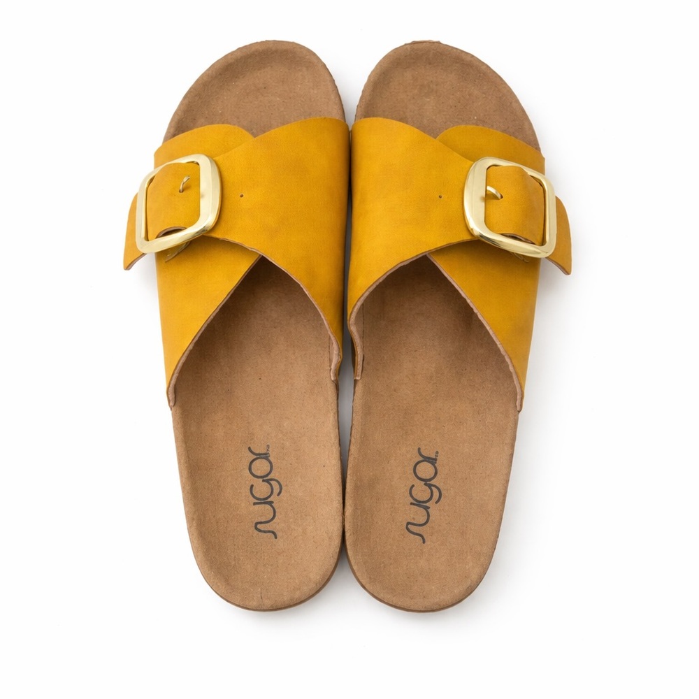 Sugar Mustard Yellow Slide Sandals Size 10 Cork Footbed Buckle - Picture 3 of 7